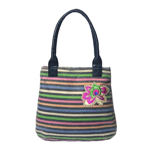 Black multi rainbow stripe tote handbag