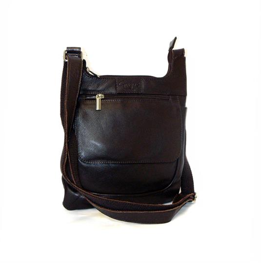 Brown leather front flap pocket across body bag