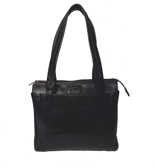 black leather top shoulder bag with front patch pocket