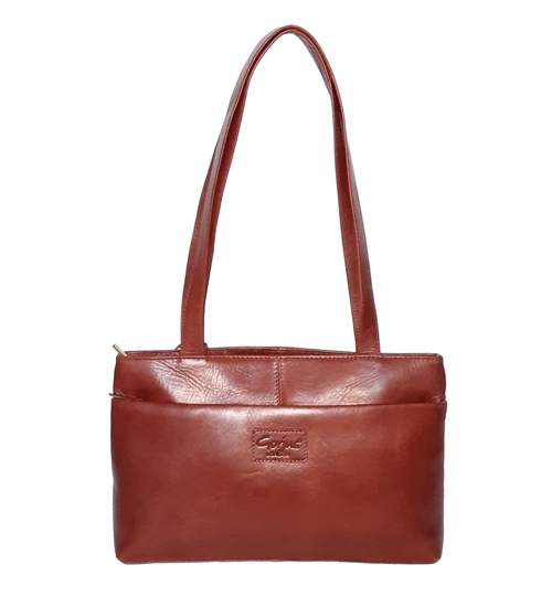 Brown leather tote handbag with pocket