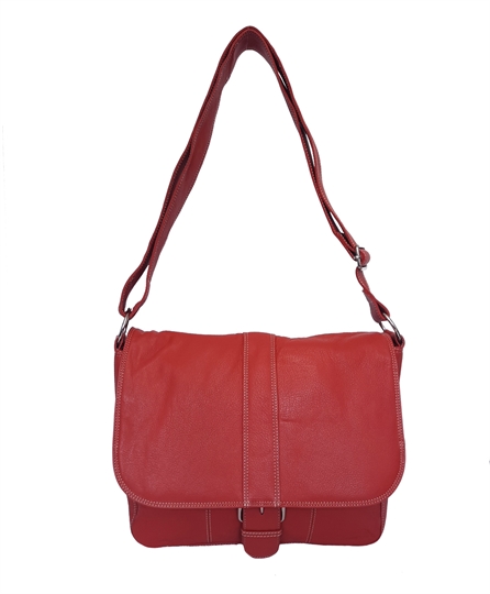 Red leather flap over across body satchel