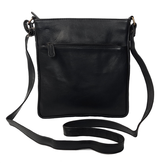 Black leather front zip pocket across body bag