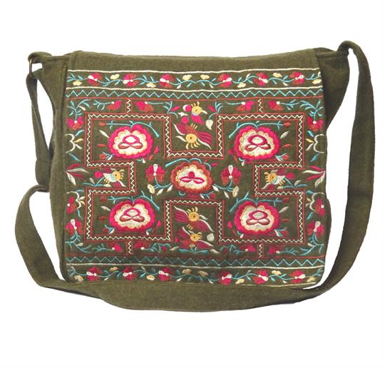 Olive flower power felt embroidered satchel