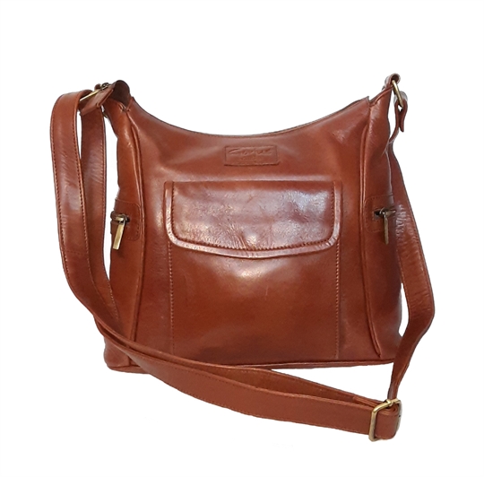 Brown leather across body bag with front flap pocket