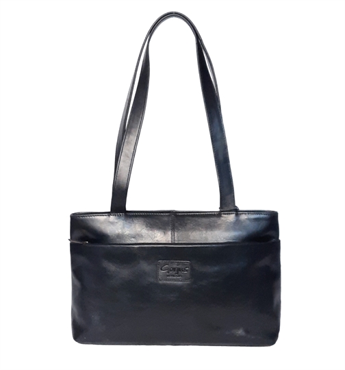 Black leather tote bag with zip pocket