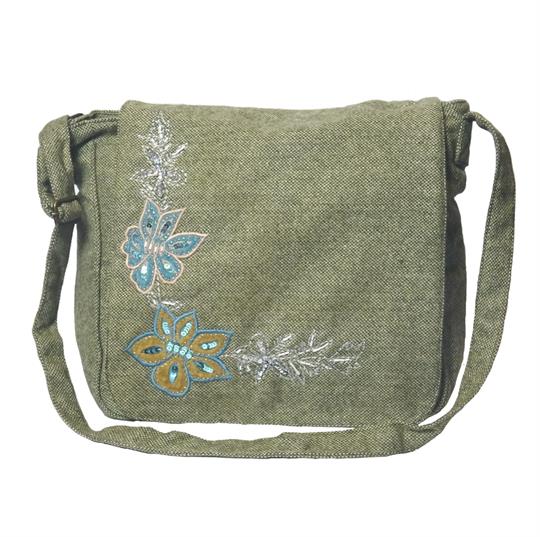 Olive flowers embroidery tweed wool across body satchel