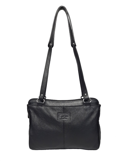 Black leather three compartment shoulder bag