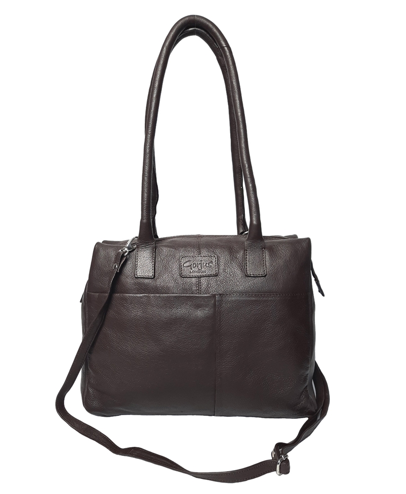 Brown leather front pouch pocket shoulder bag | Gorjus London