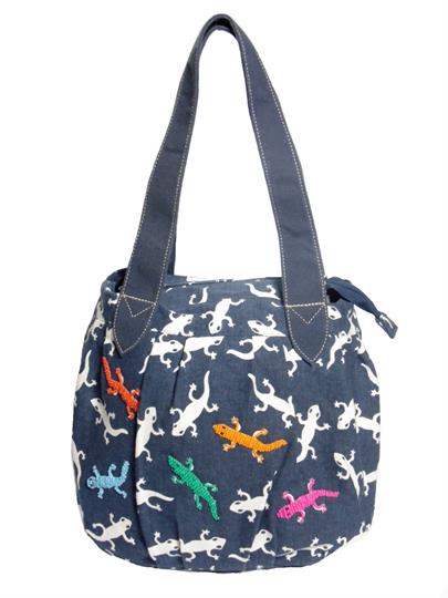 Navy Blue Gecko print canvas bag