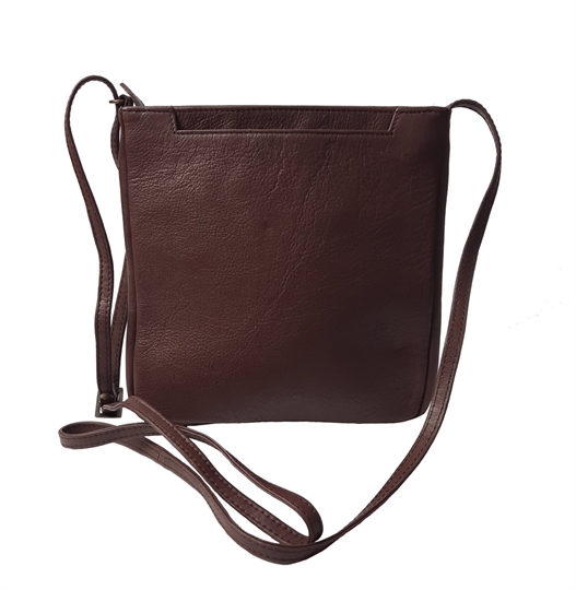 Brown leather front jet pocket across body bag