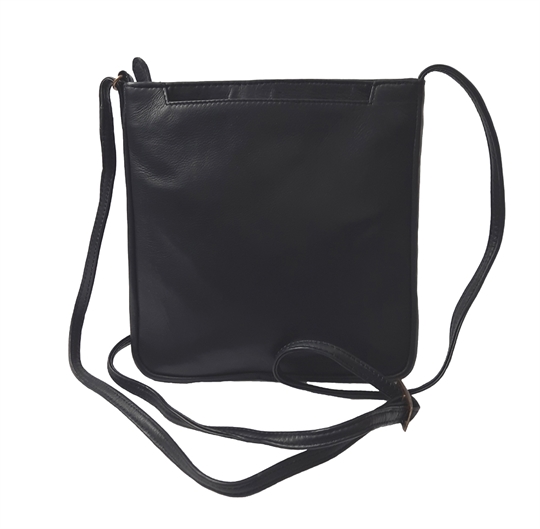 Black leather front jet pocket across body bag