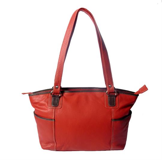 Women's red leather shoulder bag with side pockets