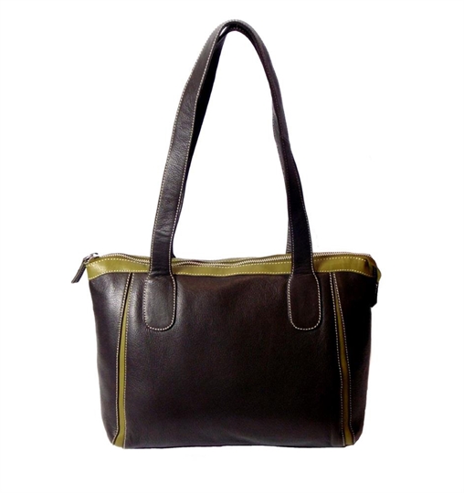 Brown leather two tone front pleats shoulder bag