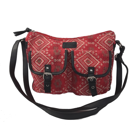 Red Jewel tapestry two front flap pockets across body bag