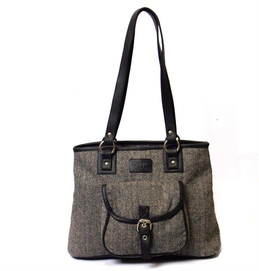 Grey herringbone front pocket tote shoulder bag