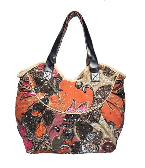 Beige tropical flower print canvas bag