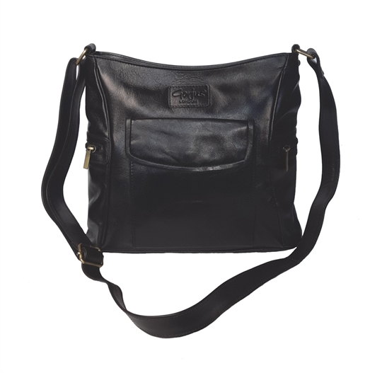 Black leather across body bag with front flap pocket