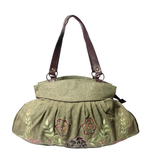 Olive blooming flowers wool tweed & embellished shoulder bag