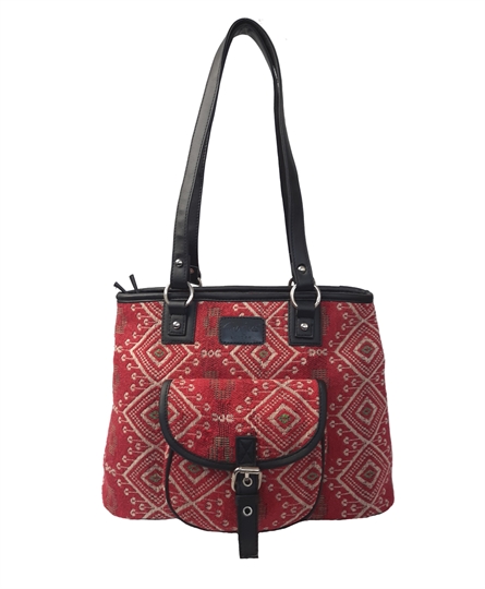 Red Jewel tapestry front pocket tote shoulder bag