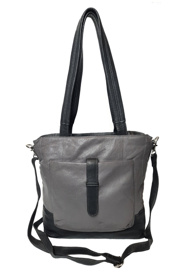 Grey leather front pouch shoulder bag