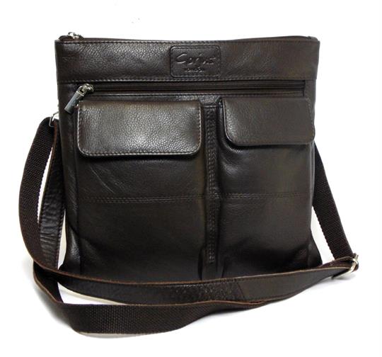 Brown leather double front pocket across body bag