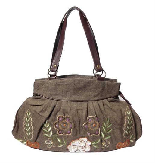 Brown blooming flowers wool tweed & embellished shoulder bag