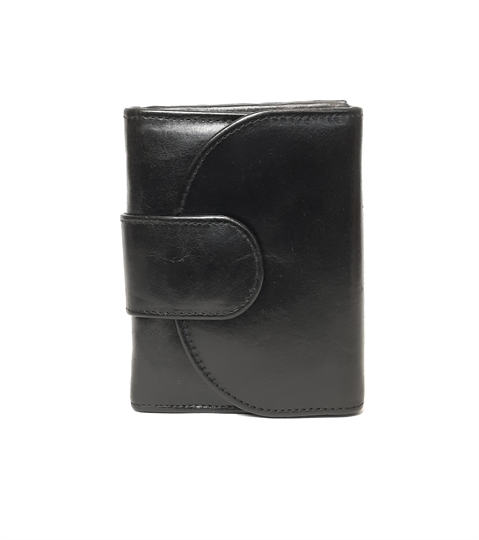 Black leather curved tab button down purse