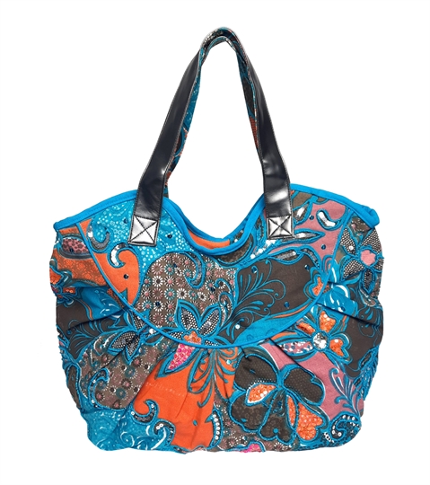 Turquoise tropical flower print canvas bag