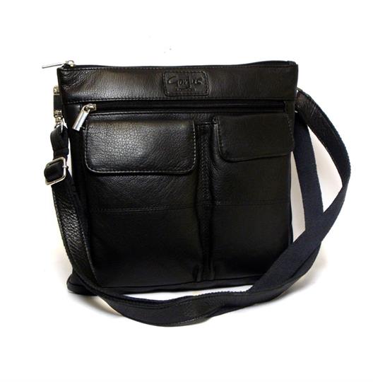 Black leather double front pocket across body bag