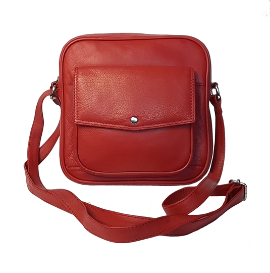 Red small leather front flap pocket across body bag