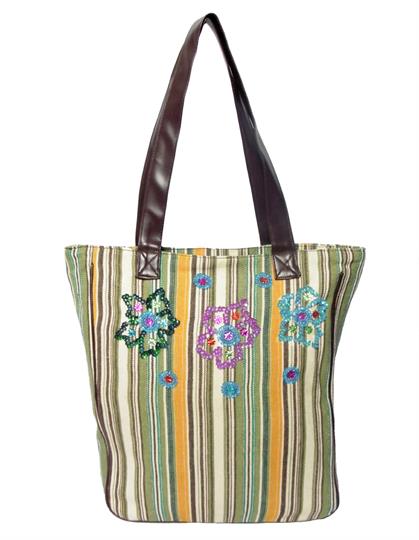 Olive Striped Canvas shopper bag