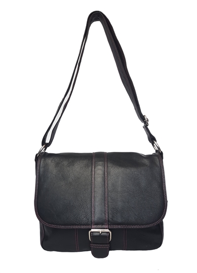 Black leather flap over across body satchel