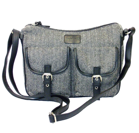 Grey herringbone two front flap pockets across body bag