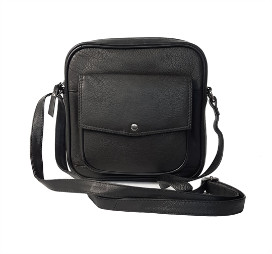 Black small leather front flap pocket across body bag