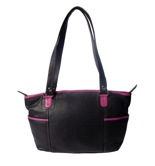 Black leather shoulder bag with side pockets