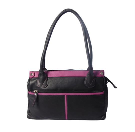 Women's black leather handbag with front zip pocket