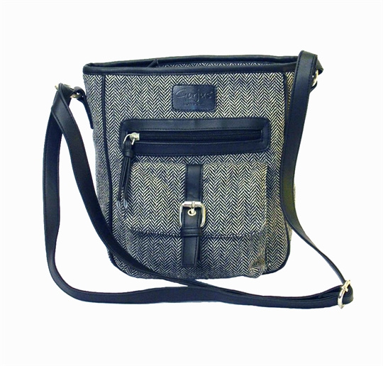 Grey herringbone wool front pocket across body bag