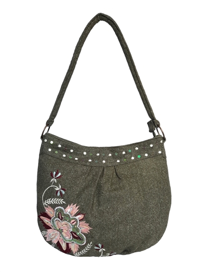 Olive tweed flower embellished hobo bag