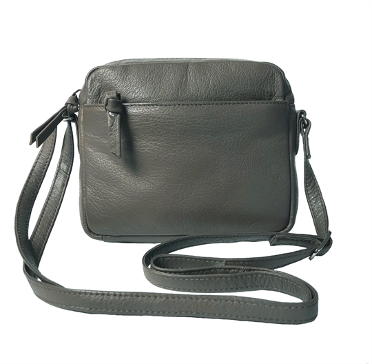 Taupe small leather front zip pocket across body bag