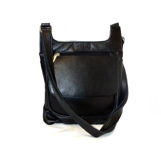 Black leather front flap pocket across body bag