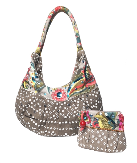 Beige diamonds and flowers embellished canvas bag