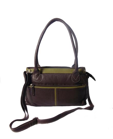 Brown leather handbag with front zip pocket bag