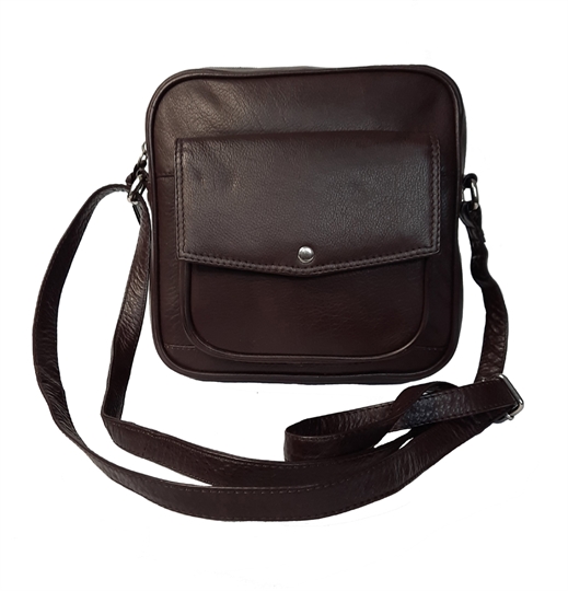 Brown small leather front flap pocket across body bag