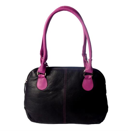 Black leather small handbag front cut and sewn detail