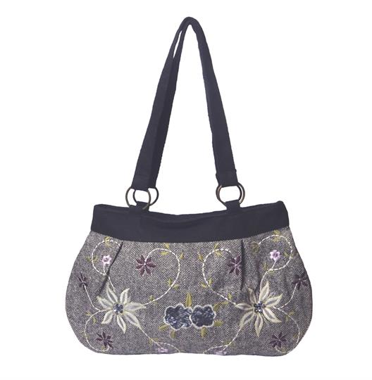 Grey Tweed flowers and sequins embellished shoulder bag