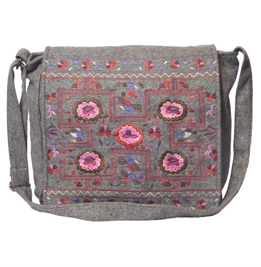 Grey flower power felt embroidered satchel