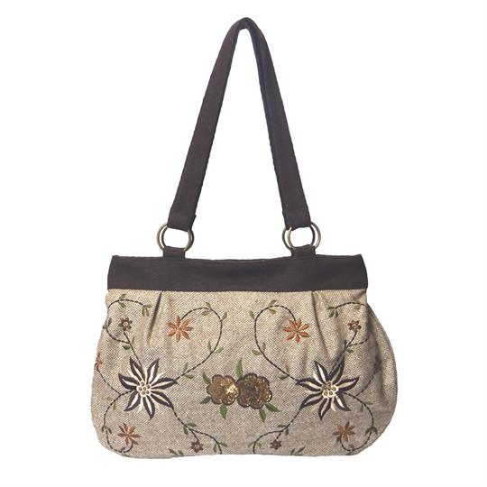 Beige Tweed flowers and sequins embellished shoulder bag