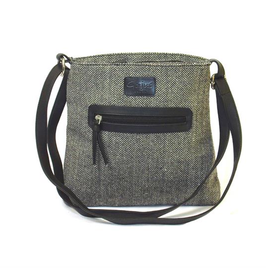 Grey herringbone front zip pocket small across body bag