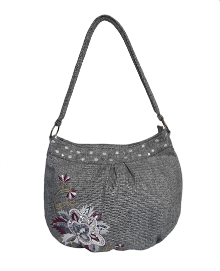 Grey tweed flower embellished hobo bag